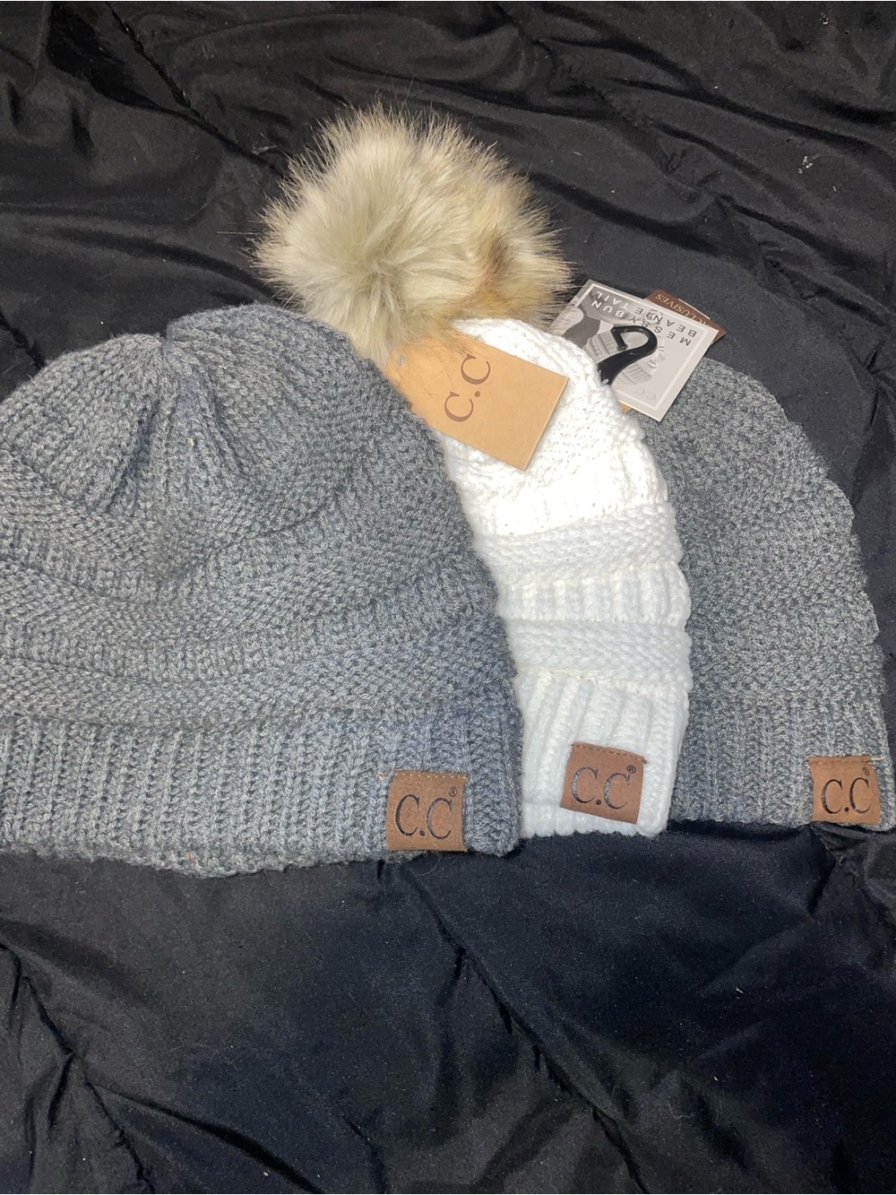 C.C Cable Knit Beanie, pom pom and messy bun set of three 2 are nwt